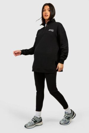 Mammakläder Oversize Sweatshirt Med Kort Dragkedja Och Ribbade Leggings, Black