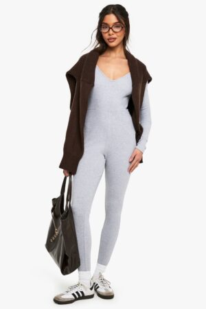 boohoo Dam Basic Rib Plunge Unitard Jumpsuit | Grey | Storlek 42