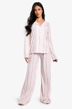 boohoo Dam Bow Print Long Sleeve Shirt & Trouser Pyjama Set | Pink | Storlek 44