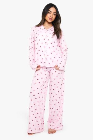 boohoo Dam Cherry Print Shirt & Trouser Pyjama Set | Pink | Storlek 44