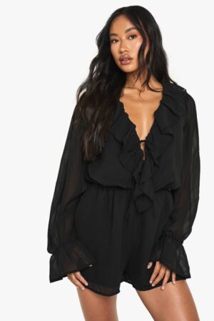 boohoo Dam Chiffon-jumpsuit med långa ärmar och volangdetaljer | Black | Storlek 36