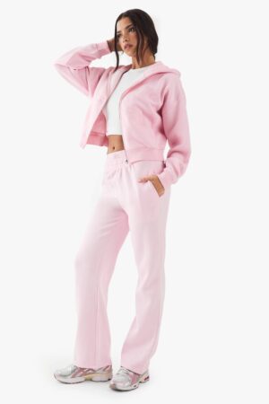 boohoo Dam DSGN Studio Contrast Script Dubbla midjebandet, raka ben joggers | Pink | Storlek Medium