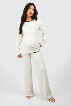 boohoo Dam Gravidkontrast - mjukt ribbat loungewearset | Cream | Storlek 44