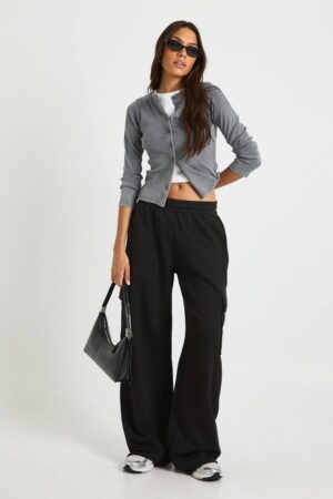 boohoo Dam Långa cargo-joggers med vida ben | Black | Storlek Medium