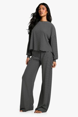 boohoo Dam Långmodell med randigt loungewear, långärmad topp & byxor pyjamas set | Black | Storlek 46
