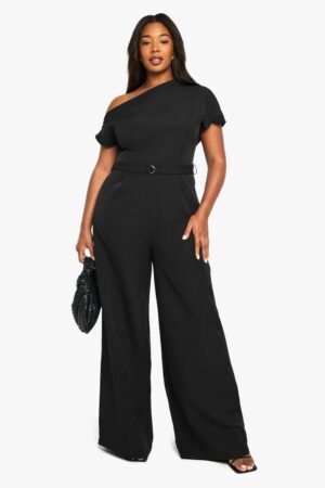 boohoo Dam PLUS OASYMMETRISKT MIDJEBÄLT JUMPSUIT | Black | Storlek 48