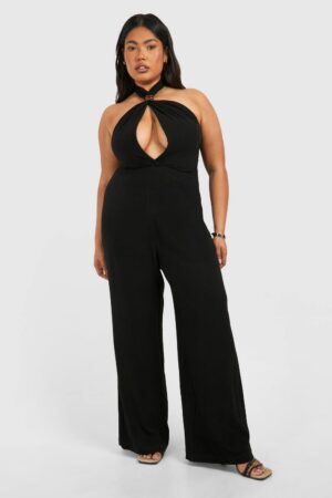 boohoo Dam Plus Linen Look Halterneck Jumpsuit | Black | Storlek 56