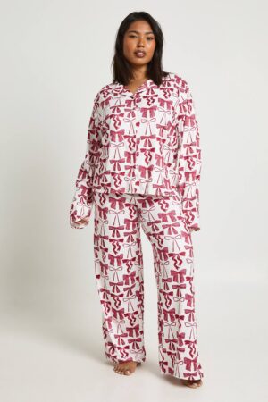 boohoo Dam Plus Rosetter Print Långärmad Skjorta & Byxor Pyjamas Set | Red | Storlek 46