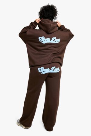 boohoo Dam Plus Sports Dept Towelling Applikation Rakbenta Joggers | Chocolate | Storlek 48
