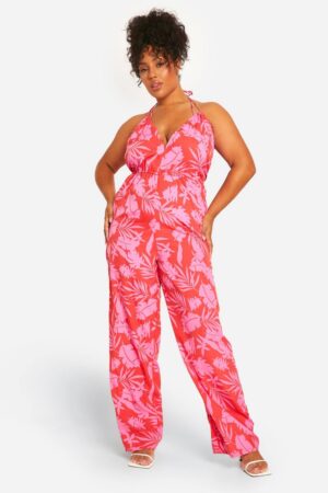 boohoo Dam Plus Tryckt Rem-jumpsuit | Red | Storlek 54