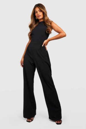 boohoo Dam Skräddarsydd jumpsuit med hög hals, insnörjd midja och vida byxor | Black | Storlek 44