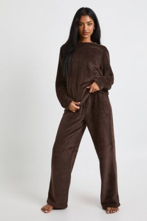 boohoo Dam Våffel fleece-tröja & joggers lounge-set | Chocolate | Storlek 44