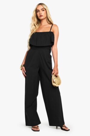boohoo Dam Cotton Blend Frill Jumpsuit | Black | Storlek 38