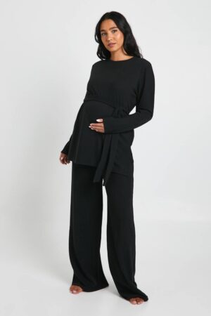 boohoo Dam Loungewear-set för gravida med knytning vid midjan och rund halsringning | Black | Storlek 40