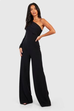 boohoo Dam Petite Premium Slinky Axelvadds Enärmad Jumpsuit | Black | Storlek 44