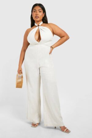 boohoo Dam Plus Linen Look Halterneck Jumpsuit | Neutral | Storlek 56