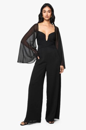 boohoo Dam Chiffon-veckad långärmad jumpsuit | Black | Storlek 38