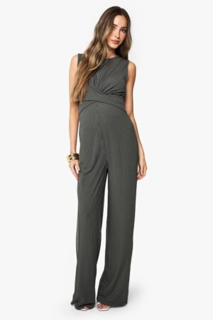 boohoo Dam Gravida ribbade ärmlösa jumpsuit med knutdetalj, i loungestil | Khaki | Storlek 46