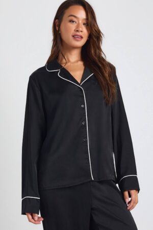 boohoo Dam Lång Satäng Pyjamas Set med Pipingdetaljer - Långärmad Skjorta & Byxor | Black | Storlek 38