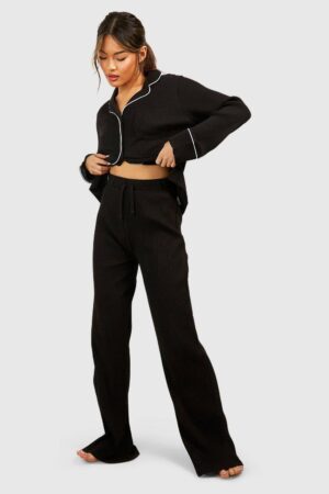 boohoo Dam Loungewear Rib Tie Waist Lounge Trouser | Black | Storlek 36