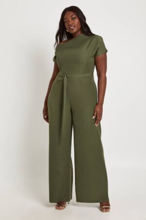 boohoo Dam Plus Asymmetrisk Jumpsuit Med Bälte | Khaki | Storlek 48