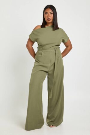 boohoo Dam Plus Asymmetrisk Jumpsuit med Bälte | Khaki | Storlek 48