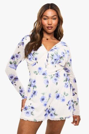 boohoo Dam Plus Blommig Mesh Flippy Jumpsuit | Purple | Storlek 54