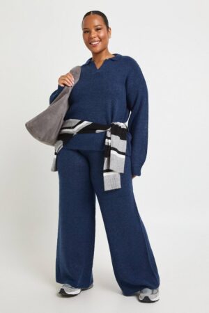 boohoo Dam Plus Collar Stickad Loungewear-set | Navy | Storlek 48