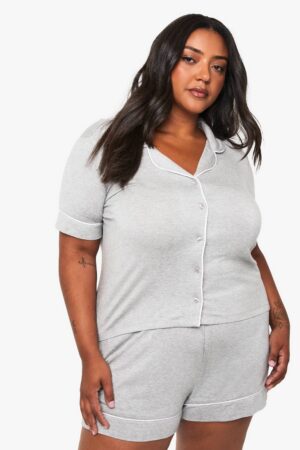 boohoo Dam Plus Super Mjuk Modal Kortärmad Skjorta & Kort Pyjamas Set | Grey Marl | Storlek 48