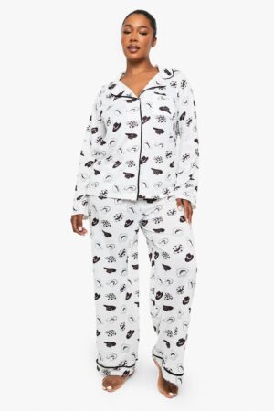 boohoo Dam Plus Western Print Långärmad Skjorta och Byxor Pyjamas Set | Beige | Storlek 46