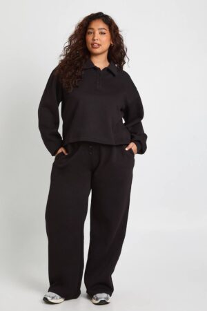 boohoo Dam Plus med nedknäppta knappar och vida ben joggers | Black | Storlek 48