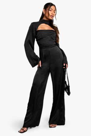 boohoo Dam Texturerad satin jumpsuit med hög hals | Black | Storlek 38