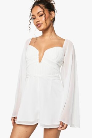 boohoo Dam Chiffon plisserad långärmad jumpsuit | White | Storlek 40