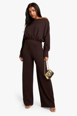 boohoo Dam Cold Shoulder Wide Leg Textured Jumpsuit | Brown | Storlek 46