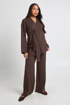 boohoo Dam Graviditet Borstad Ribbad Set Med Bälte Topp & Vida Byxor | Chocolate | Storlek 46