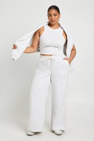 boohoo Dam Joggers med plus-sidoremsa och vida ben | Grey Marl | Storlek 48