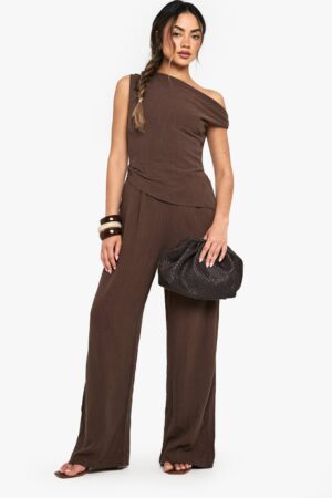 boohoo Dam Jumpsuit med linn-look twistrem | Chocolate | Storlek 46