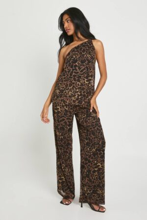 boohoo Dam Leopardtryckt chiffon jumpsuit med vida byxor | Brown | Storlek 38