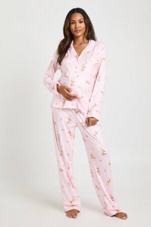 boohoo Dam Mammakläder Påsk Hjort Tryck Långärmad Skjorta & Byxa Pyjamas Set | Pink | Storlek 46