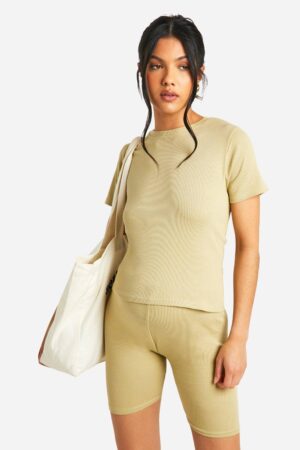 boohoo Dam Mammakläder Ribbade cykelbyxor med hög midja | Olive | Storlek 42