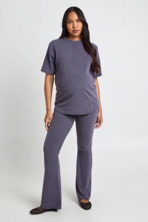 boohoo Dam Mammakläder Tvåfärgad Ribbad OverStorlekd Topp & Utsvängda Byxor Set | Charcoal | Storlek 44