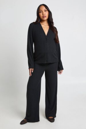 boohoo Dam Mjuk Ribbstickad OverStorlek-kofta Och Vida Byxor För Gravida | Black | Storlek 46