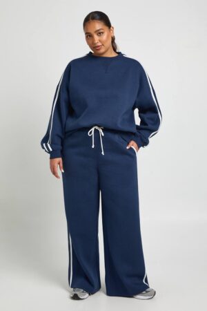 boohoo Dam Plus joggers med breda ben och sidoremsa | Navy | Storlek 54