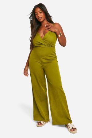 boohoo Dam Plus vävd jumpsuit med remmar och vida ben | Khaki | Storlek 56