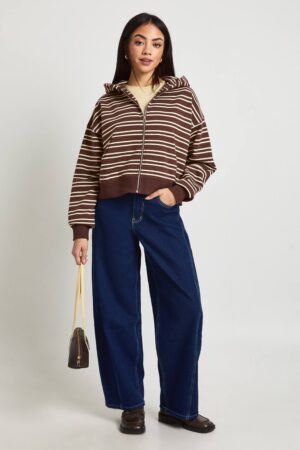 boohoo Dam Randig Genomgående Dragkedja Boxy Hoodie | Chocolate | Storlek Medium