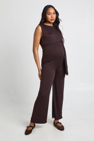 boohoo Dam Ribbstickad Jumpsuit För Graviditet Med Bälte Utan Ärmar | Chocolate | Storlek 44