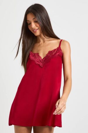 boohoo Dam Satäng Nattlinne med Spetsdetaljer | Red | Storlek 38