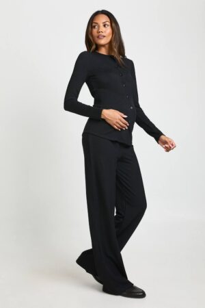 boohoo Mammakläder Mjuk Stickad Knäppt Kofta & Vida Byxor | Black | Storlek 44