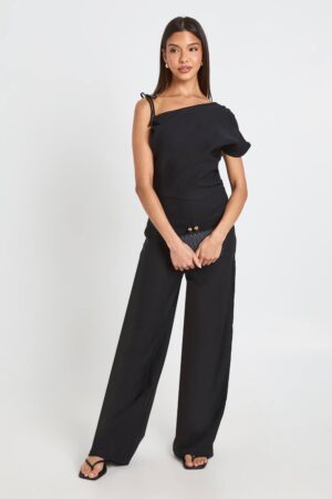 boohoo Dam Asymmetric Ruched Wide Leg Jumpsuit | Black | Storlek 44