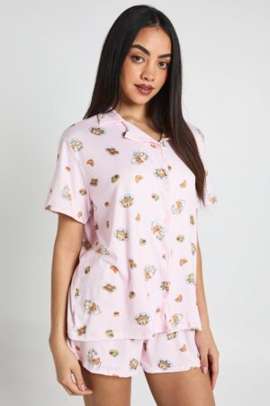 boohoo Dam Breakfast Print Short Sleeve Shirt & Shorts PJ Set | Baby Pink | Storlek 44